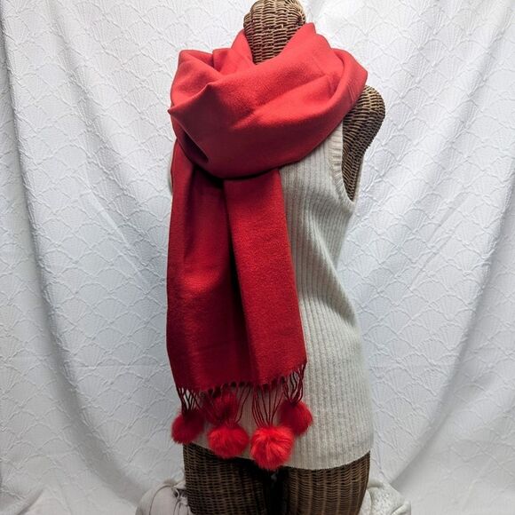 Velvet & Wool Long Scarf With Pom Poms - Picture 1 of 9